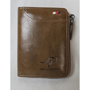AIKS Kangaroo Wallet Men's BrownLeather Zip Bifold Credit‎ Card ID Slots Casual